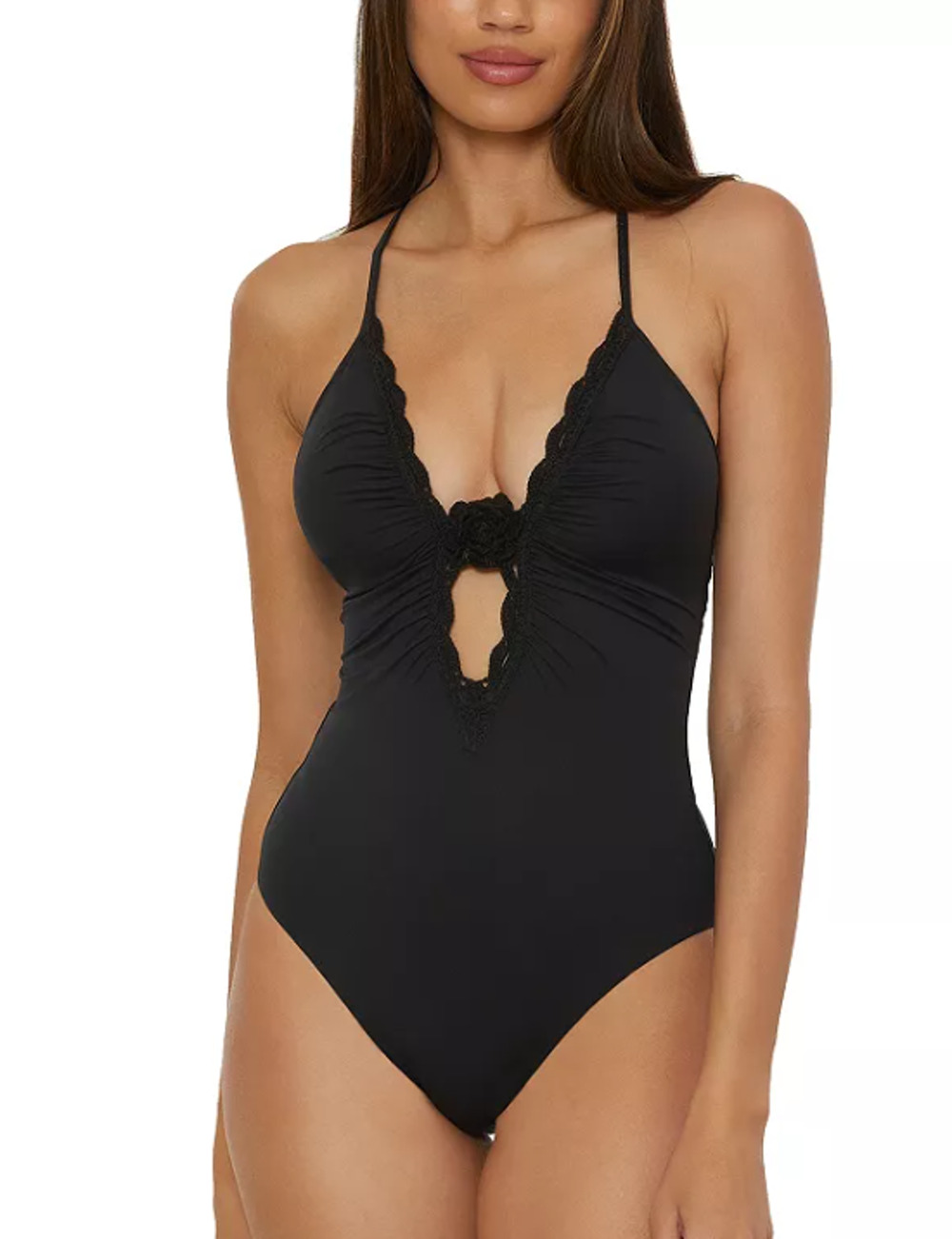 BECCA Colette Clare Plunge One Piece Swimsuit Medium Black Crochet Flower NWT